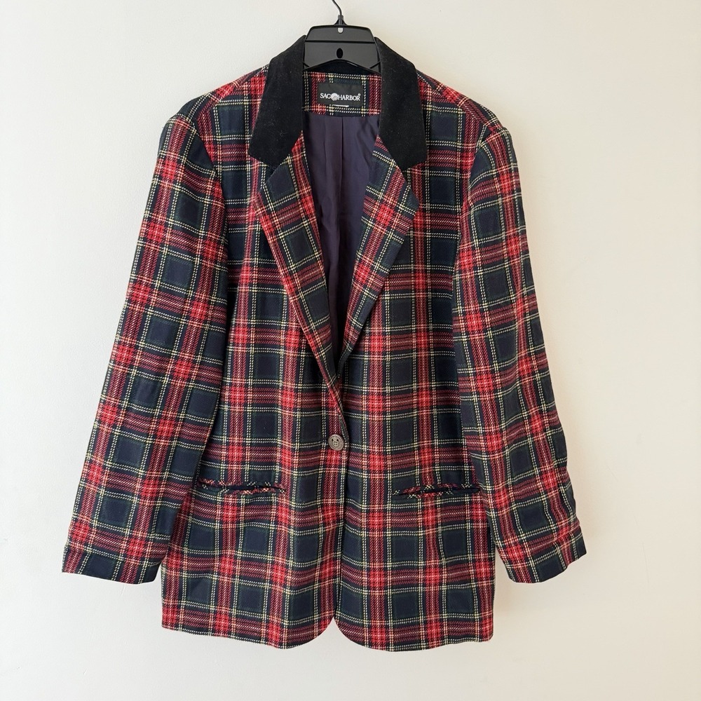 VTG Plaid Blazer Red Tartan Check‎ 80s Preppy Wool Jacket Holiday Velvet Size 12